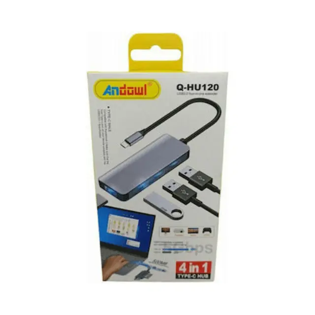 Andowl Q-HU120 USB 2.0 Hub 4 Θυρών με σύνδεση USB-C Γκρι (Q-HU120) 3