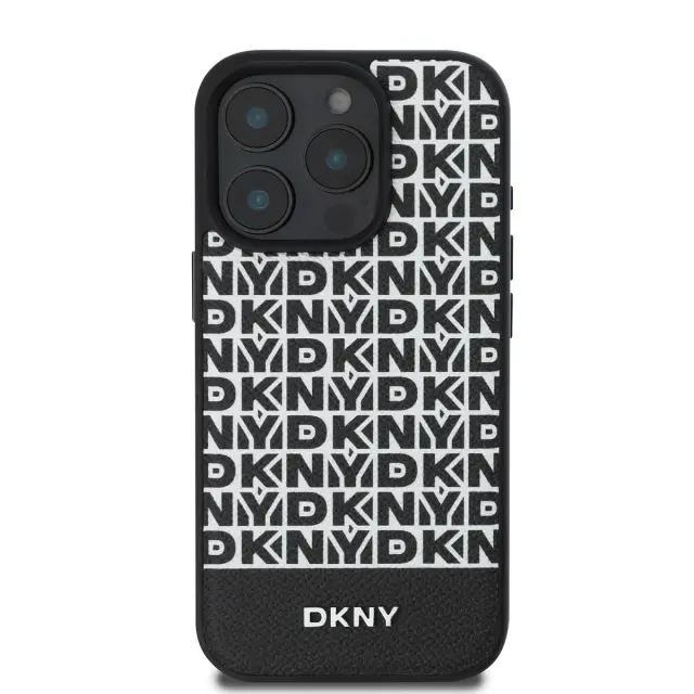 DKNY PU Leather Repeat Pattern Bottom Stripe MagSafe Case for iPhone 16 Pro Black 2