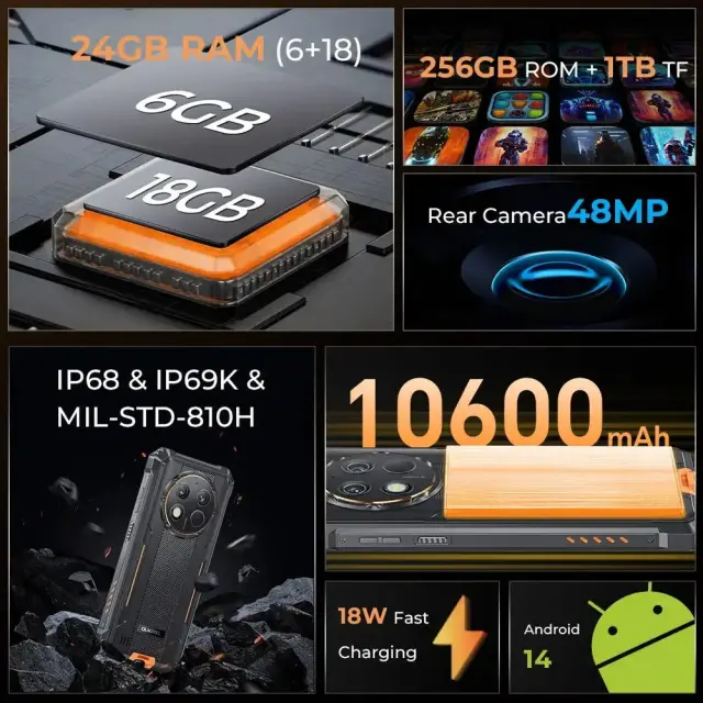 OUKITEL smartphone G1, 6.52", 6/256GB, 10600mAh, IP68/IP69K/MIL-STD-810H, μαύρο 2