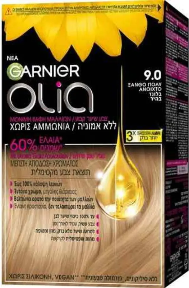 Garnier Olia Μόνιμη Βαφή Μαλλιών Χωρίς Αμμωνία 60ml - 9.0 Ξανθό Πολύ Ανοιχτό