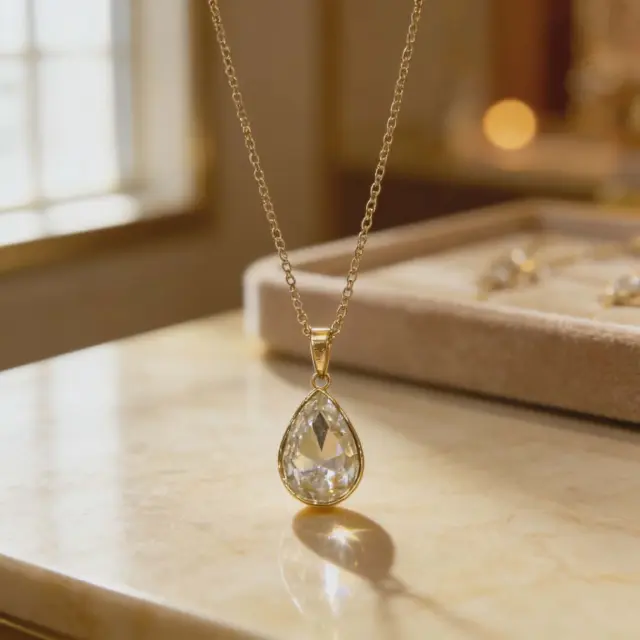 Clear Crystal Drop Necklace Gold Stainless Steel