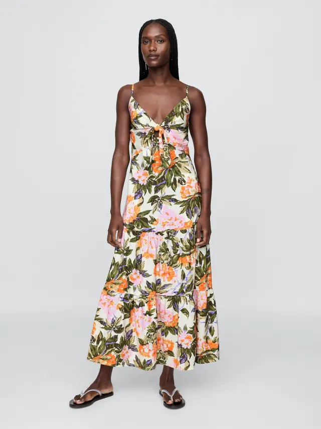Tie-Front Tiered Maxi Φόρεμα Orange & pink floral