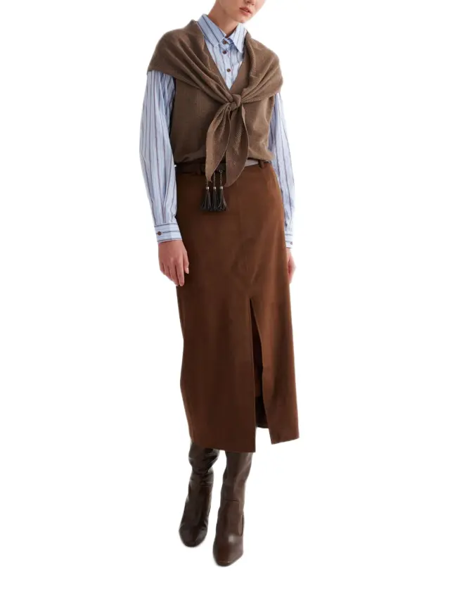 Attrattivo γυναικεία μίντι suede φούστα με ζώνη 9923848-1