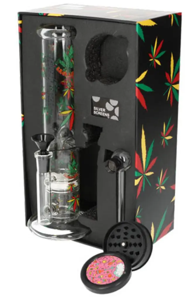 Bong Σετ «Rasta Leaf» με Bong 27cm, Grinder, Πιπάκι και Σίτες