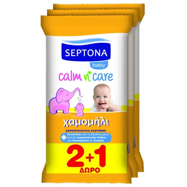 Υγρά Μαντηλάκια Για Μωρά SEPTONA BABY CALM N' CARE Χαμομήλι 12Τμχ 2+1 Δώρο