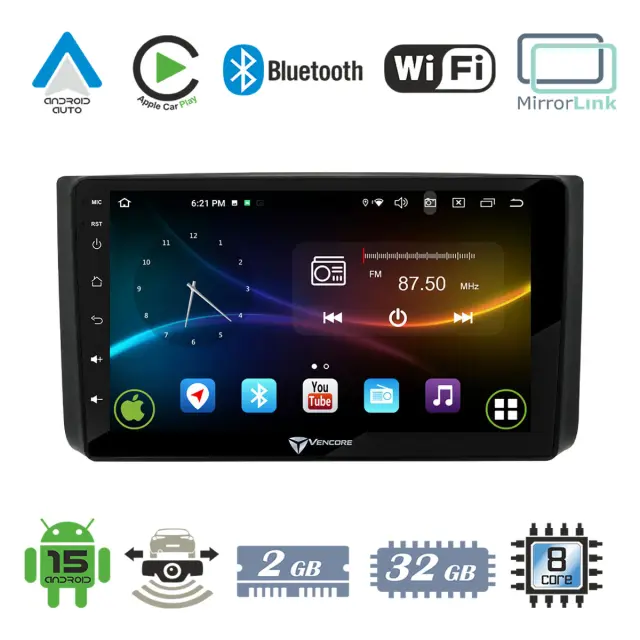 VenCore Οθόνη Multimedia Android 15 9" 9109A MTK6762 Octa-Core 2GB/32GB IPS με Πρόσοψη, CarPlay, Android Auto και Υποστήριξη Κάμερας Οπισθοπορείας AHD για Chevrolet Aveo 2006-2010 – Μαύρη (3236-10007-0725B)