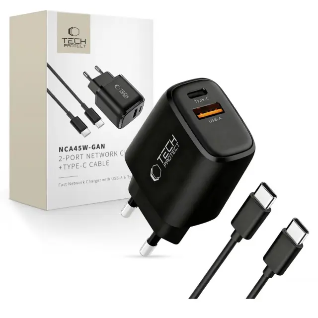 Tech-protect Nca45w-gan 2-port Network Charger Pd 45w / Qc3.0 + Type-c Cable Black