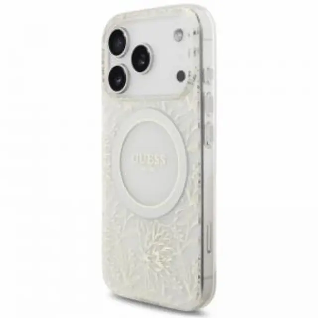 Θήκη PU/ Silicon Guess Apple iPhone 18 Pro/ 17 Pro Magsafe IML Flowers με Pearl Strap Λευκό N71753 3