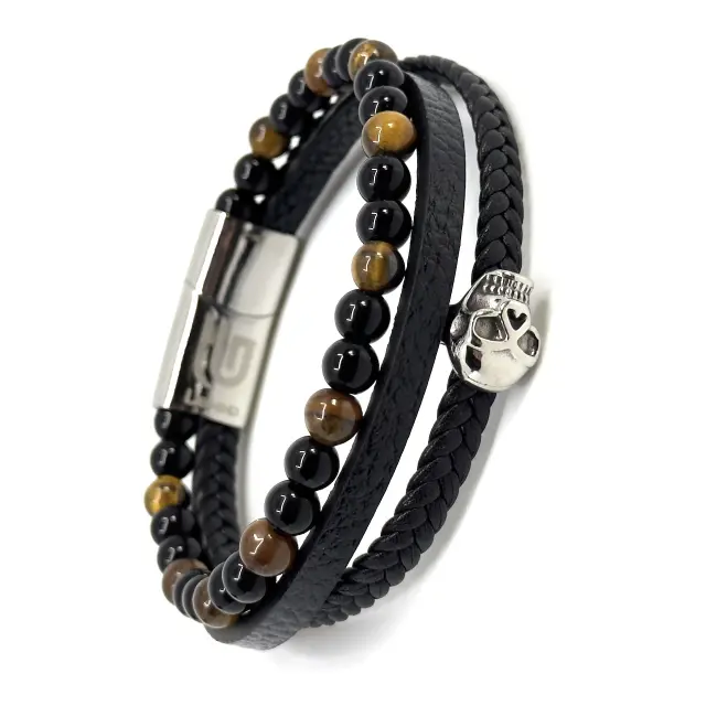 Μαύρο Δερμάτινο Βραχιόλι Tiger Eye Skull 3