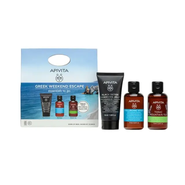 Apivita Promo Greek Weekend Escape Εssentials to Go Cleansing Black Detox Gel Καθαρισμού, 50ml, Hyaluronic Hydra Σαμπουάν, 75ml & Tonic Mountain Tea Aφρόλουτρο, 75ml, 1σετ