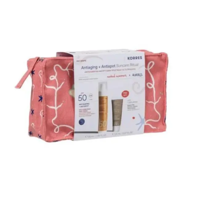 Korres Promo Antiaging & Antispot Suncare Ritual Αντηλιακή & Αντιρυτιδική Προστασία με Red Grape Αντηλιακή Κρέμα Προσώπου SPF50, 50ml, Black Pine Κρέμα Ημέρας για Σύσφιξη & Lifting, 20ml & Δώρο Naked Summers x Korres Νεσεσέρ, 1τεμ, 1σετ 2