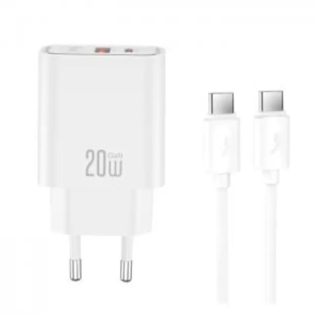 Universal φορτιστής με 2 εξόδους, 1x USB-A & 1x USB-C, 20W με αποσπώμενο καλώδιο USB type-C σε λευκό χρώμα 2
