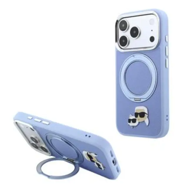 Karl Lagerfeld PU Grained K&CH Heads Ring Stand Magsafe Case for iPhone 18 Pro Blue