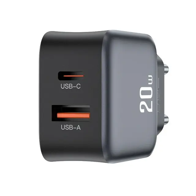 Universal φορτιστής με 2 εξόδους, 1xUSB-A & 1xUSB-C, PD20W & QC18W σε μαύρο χρώμα
