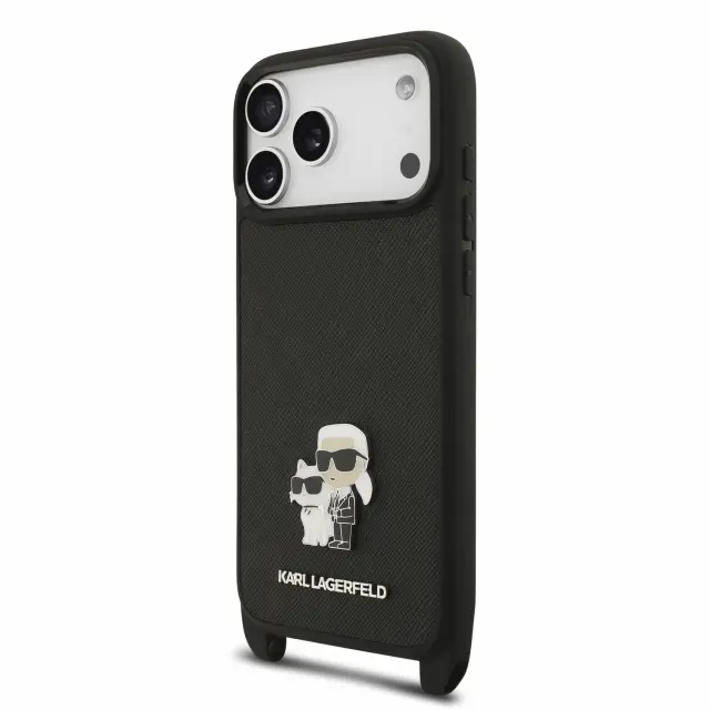 Karl Lagerfeld Saffiano Crossbody Strap Metal Karl and Choupette Case for iPhone 18 Pro Max Black 3