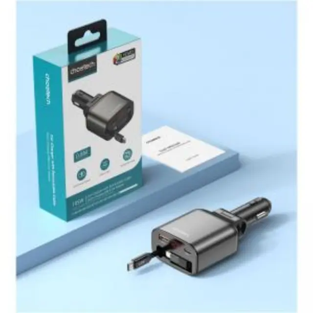 Φορτιστής Αυτοκινήτου Ταχείας Φόρτισης Choetech TC0033 με Διπλή Έξοδο USB A & USB C & Ενσωματωμένο Retractable Καλώδιο 105W Σκούρο Γκρι N70851 2