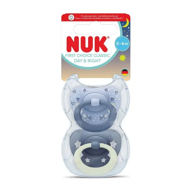 NUK First Choice Classic Day & Night Σετ Πιπίλες Σιλικόνης 0-6 μηνών, Μπλε, 2τμχ