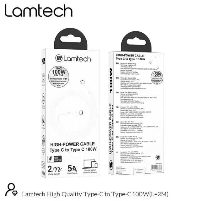 LAMTECH LAM023664 καλώδιο TYPE C TO TYPE C 100W FAST CHARGE 2M 3