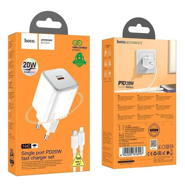 Phone charger Hoco USB C QC PD 20W + cable USB C to Lightning N40 white 2