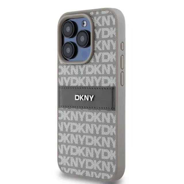 DKNY PU Leather Repeat Pattern Tonal Stripe Case for iPhone 15 Pro Beige 3