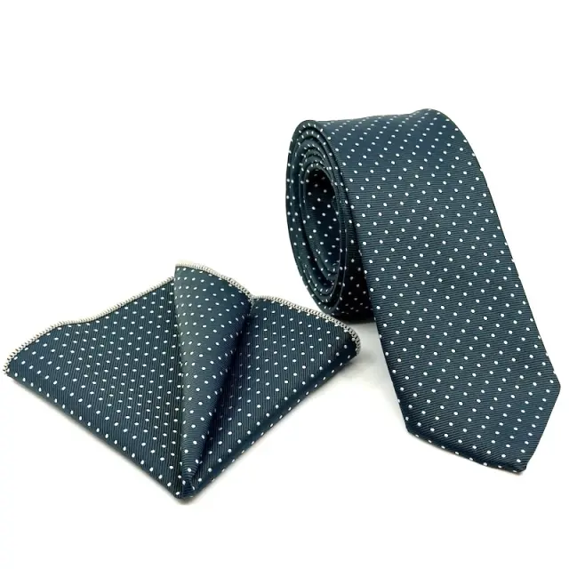 Πράσινη Πουά Γραβάτα Σετ με Μαντήλι 7,5 cm Modern Fit
