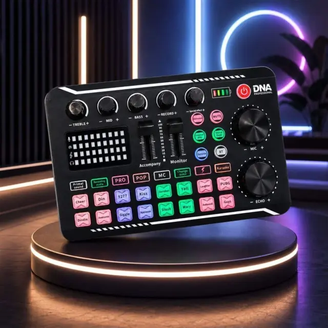 DNA STUDIO CARD rechargeable external sound card audio interface USB-C Bluetooth for live streaming podcasts voice recording karaoke 16 sound effects 8 voice presets 1200 mAh 2