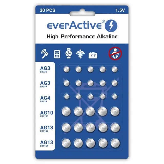Mini alkaline battery Set everActive 10 x G3 - LR41, 5 x G4 - LR626, 5 x G10 - LR1130, 10 x G13 - LR1154
