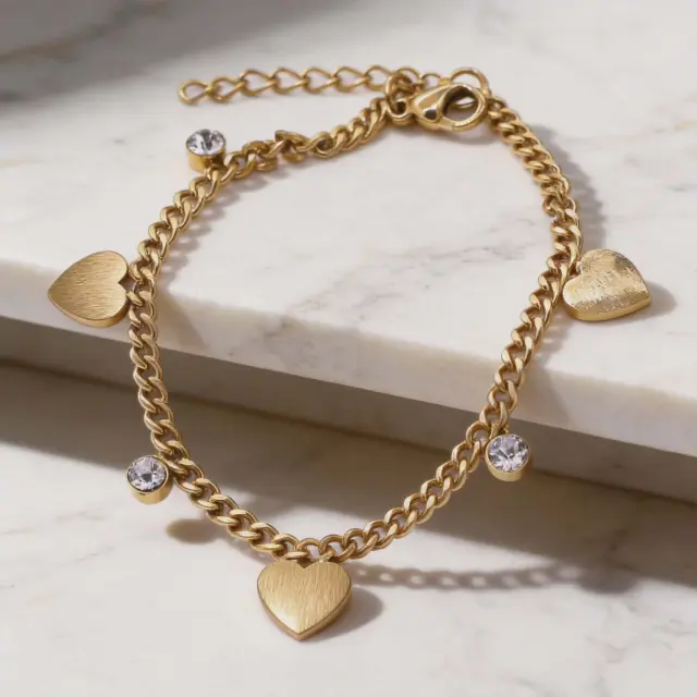 Gold Heart Charm Bracelet with Zircon Stones