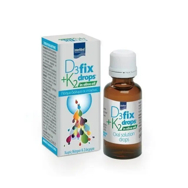 INTERMED D3 fix drops & K2 in olive oil Συμπλήρωμα διατροφής με τον πολυδύναμο συνδυασμό της βιταμίνης D3 & K2 12ml