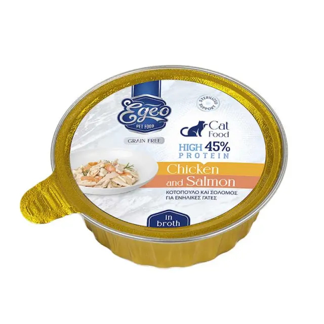 Egeo Υγρή Τροφή Γάτας Δισκάκι Adult High Protein 45% Κοτόπουλο & Σολωμό Σε Ζωμό 80gr Μονόχρωμο