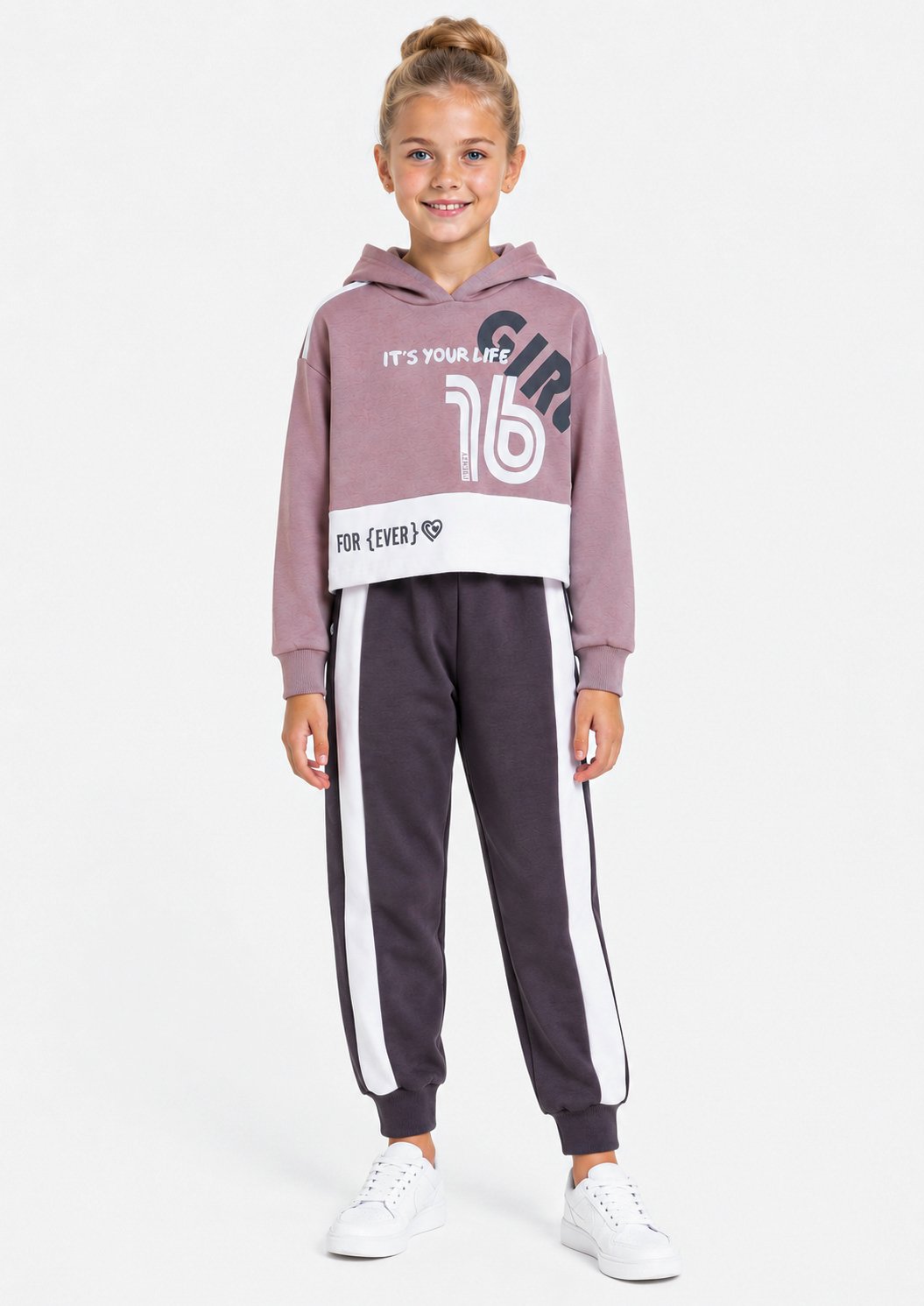 63625538 Frenzy Σετ φόρμα φούτερ με κουκούλα κορίτσι dusty pink ανθρακί - 12 ετών