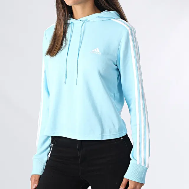 Adidas Essentials 3-Stripes Cropped Γυναικείο Φούτερ με Κουκούλα HL2168 Γαλάζιο - S 2