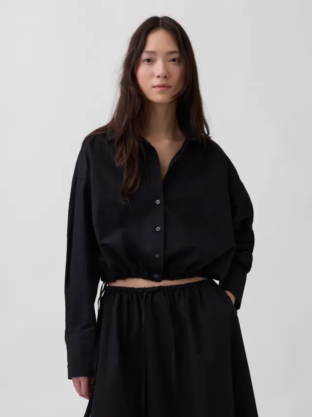 Γυναικείο Πουκάμισο Oversized απο Ποπλίνα Cropped με Δεσιμο στο Στρίφωμα BLACK