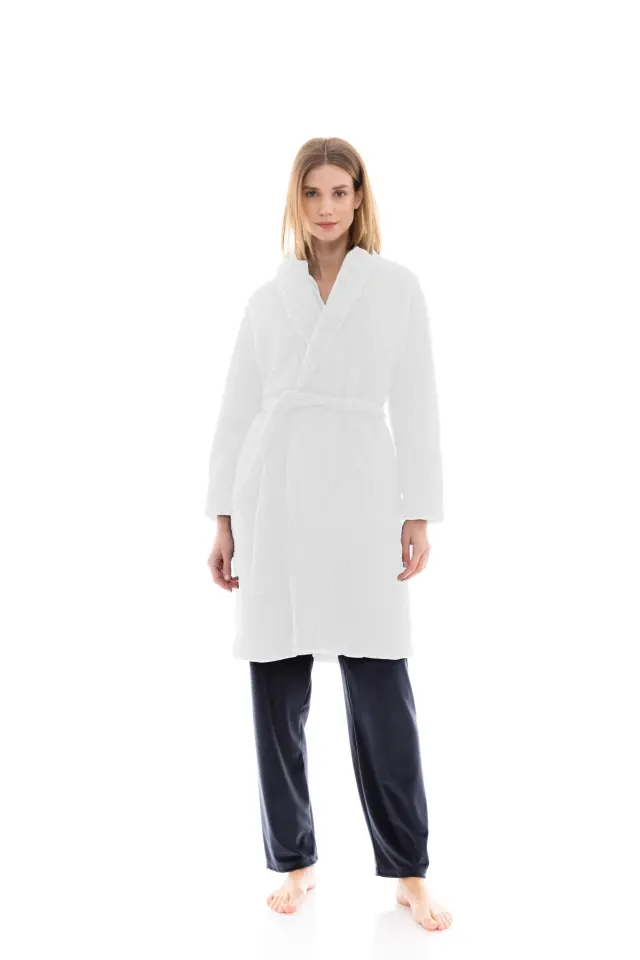 W1480 - White - ROBE LONG FLEECE FLUFFY