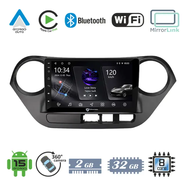 VenCore Οθόνη Multimedia Android 15 9" PX5S Octa-Core 2GB/32GB IPS με Πρόσοψη, CarPlay, Android Auto και Υποστήριξη Κάμερας 360° για Hyundai i10 2014-2020 – Μαύρη (3236-10005-0506B)