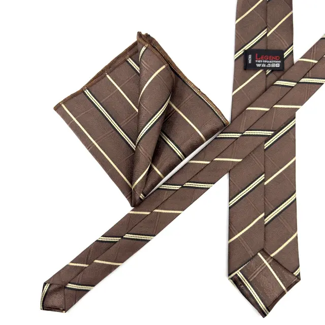 Καφέ Ριγέ Γραβάτα Microfiber Σετ με Μαντήλι Σχέδιο 315/B 3