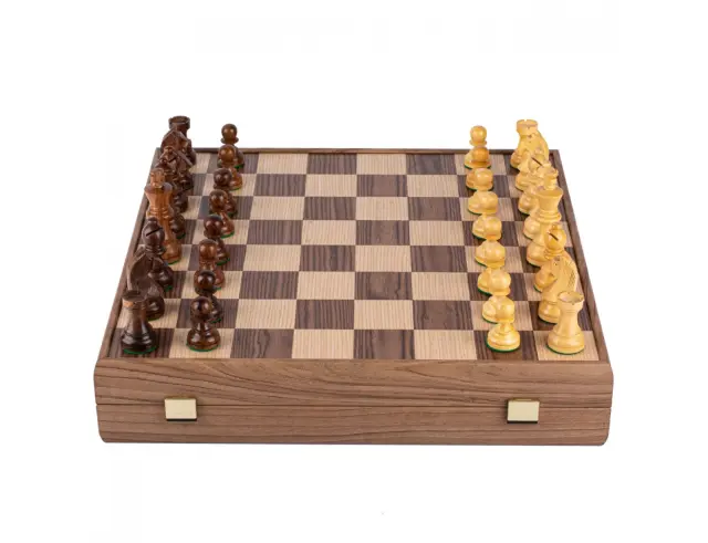Σετ Χειροποίητο Σκάκι Wooden Chess Manopoulos από Ξύλο, με πιόνια Staunton, θήκη αποθήκευσης και διαστάσεις 43x43cm - Walnut SKW43B50K