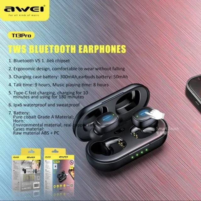 Awei In-ear Bluetooth Handsfree Ακουστικά με Θήκη Φόρτισης Μαύρα T13 Pro 2