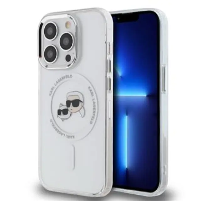 Karl Lagerfeld IML K&CH Heads Metal Frame MagSafe Case for iPhone 15 Pro Transparent