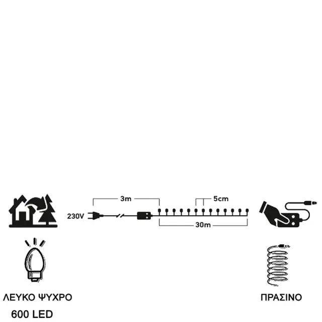 600 Led Με Πρόγραμμα Πράσινο Καλώδιο Λευκό Led IP44 31V 2