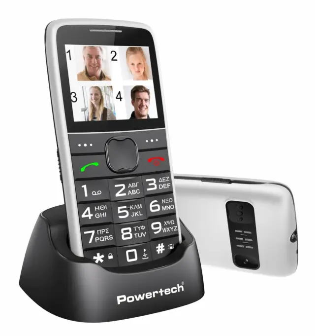 POWERTECH Sentry Eco V2 PTM-46 Κινητό Τηλέφωνο 2.2" Dual SIM με Μεγάλα Πλήκτρα, SOS, Ελληνικό Μενού, USB-C + Βάση Φόρτισης – Λευκό