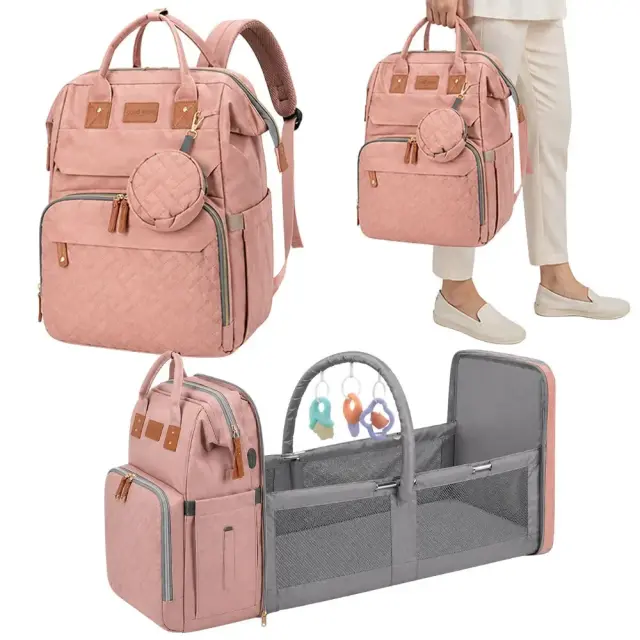 Mommy Bag Τσάντα Αλλαξιέρα Πλάτης Μωρού με Πτυσσόμενο Κρεβάτι & USB Ροζ