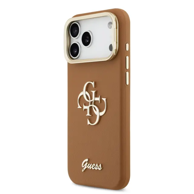 Guess PU Grained 4G Logo Stand Camera Frame Case for iPhone 17 Pro Max Brown 2