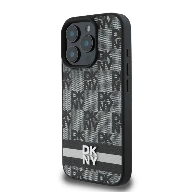 DKNY PU Leather Checkered Pattern and Stripe Case for iPhone 16 Pro Black 3