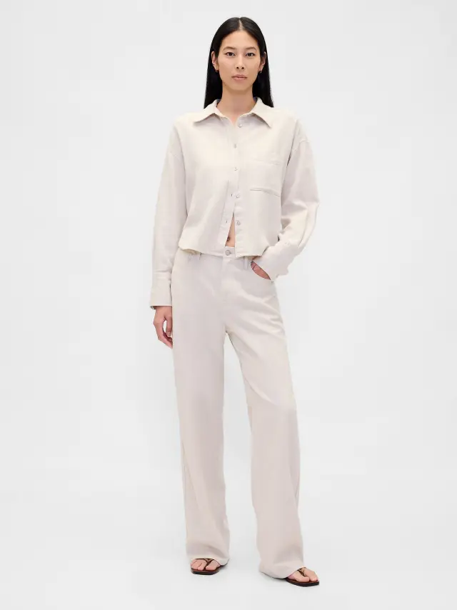 Linen-Cotton Wide-Leg Παντελόνι Flax linen beige - 6