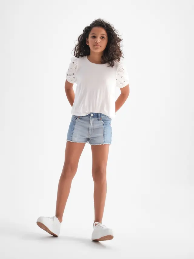 Μπλε Παιδικό High Rise Patchwork Shortie Σορτς με Washwell medium wash