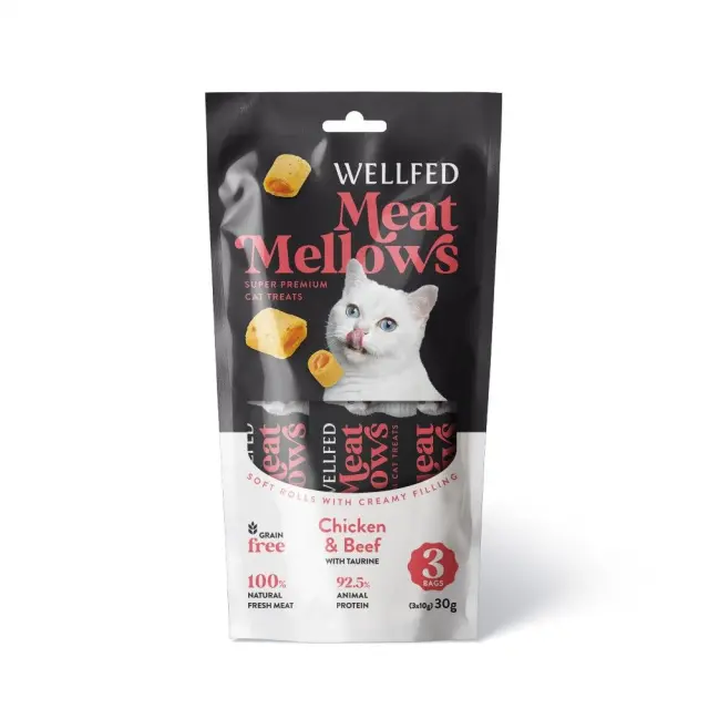 Wellfed Meat Mellows Λιχουδιά σε Ρολάκια με Γεύση Κοτόπουλο & Μοσχάρι για Γάτες (3x10gr) Μονόχρωμο