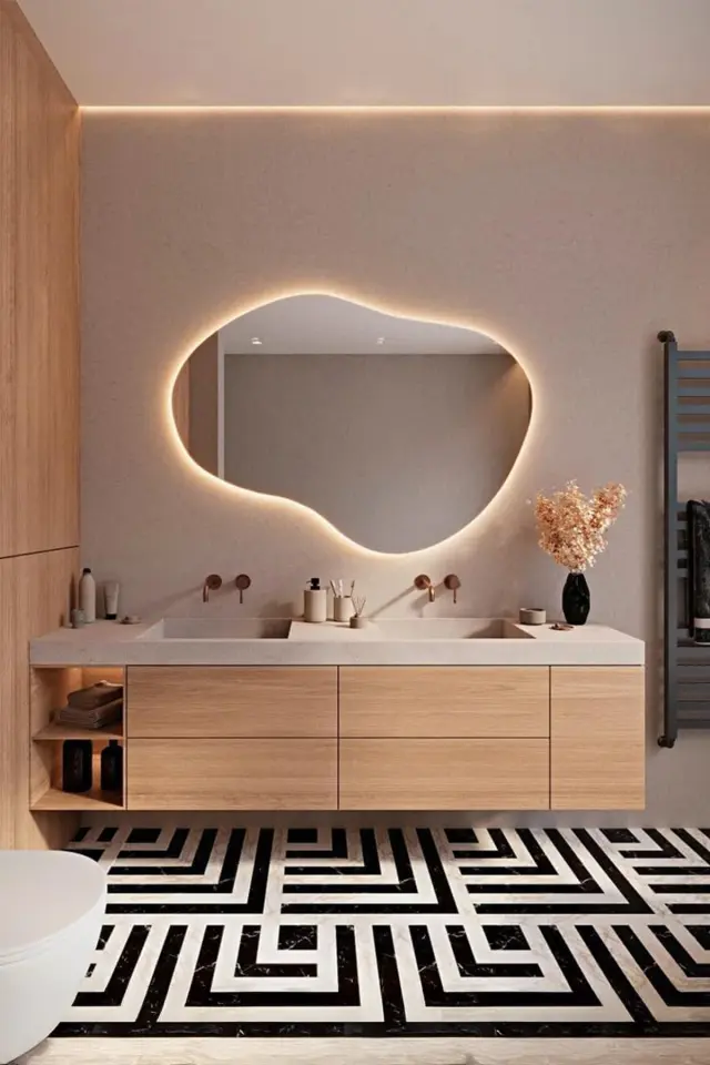 Stewehome Ασύμμετρος καθρέφτης μπάνιου με LED φωτισμό και μοντέρνο σχεδιασμό 110x80 cm