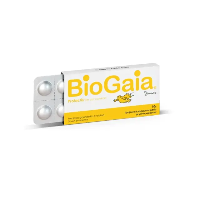 BIOGAIA Protectis Junior Παιδικά Προβιοτικά Για Γαστρεντερικές Διαταραχές Με Γεύση Φράουλα 10 Μασώμενα Δισκία
