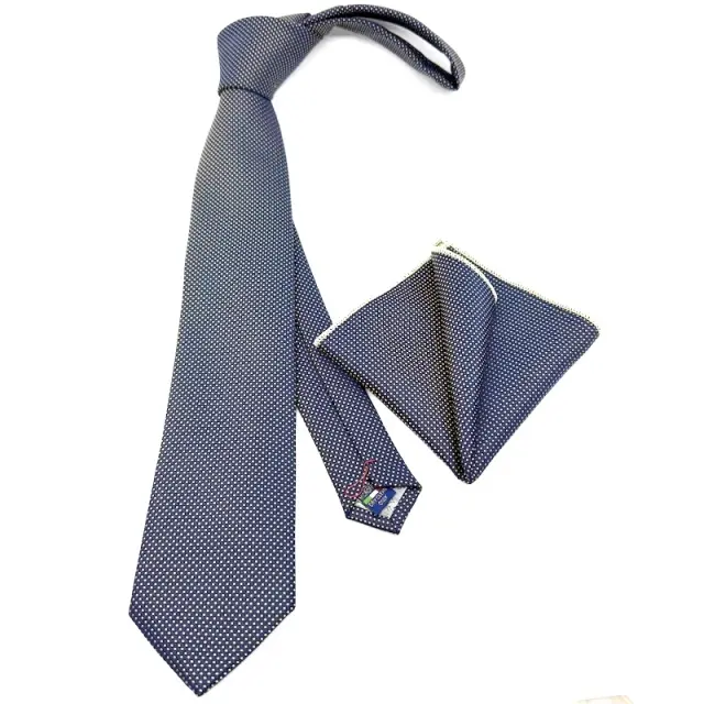 Μπλε Navy Πουά Γραβάτα Σετ με Μαντήλι 7,5 cm Modern Fit 2